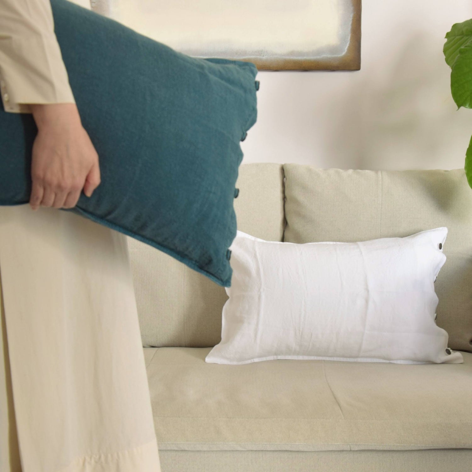 クッションカバー フランス製 フレンチリネン 白色 アイボリー