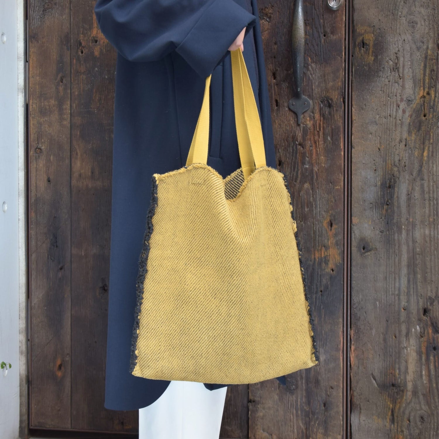 リネンバッグ トートバッグ フランス製 フレンチリネン 真鍮色 黄土色 リバーシブル