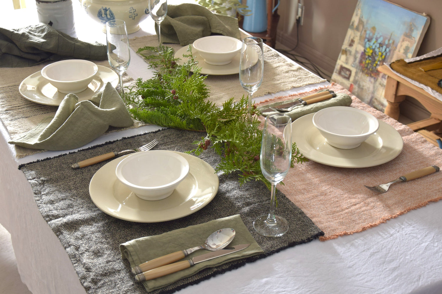 リネン プレイスマット ランチョンマット フレンチリネン シャンブレー ナチュラル色 EU製 ヨーロッパ製