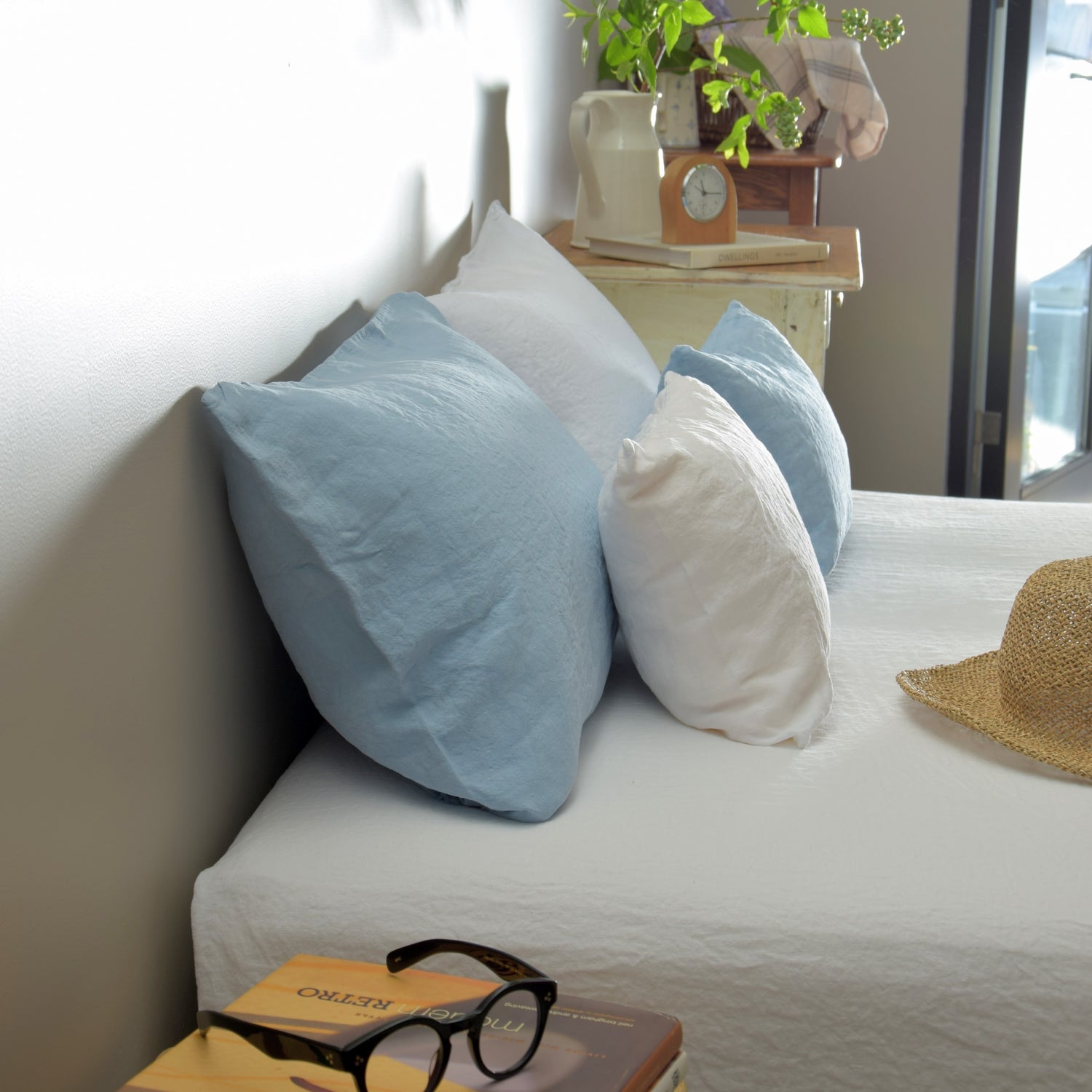 まくらカバー ピロカバー ピロケース 麻 リネン フレンチリネン フランス製 ベッドリネン 水色 空色 青色 ブルー スカイブルー