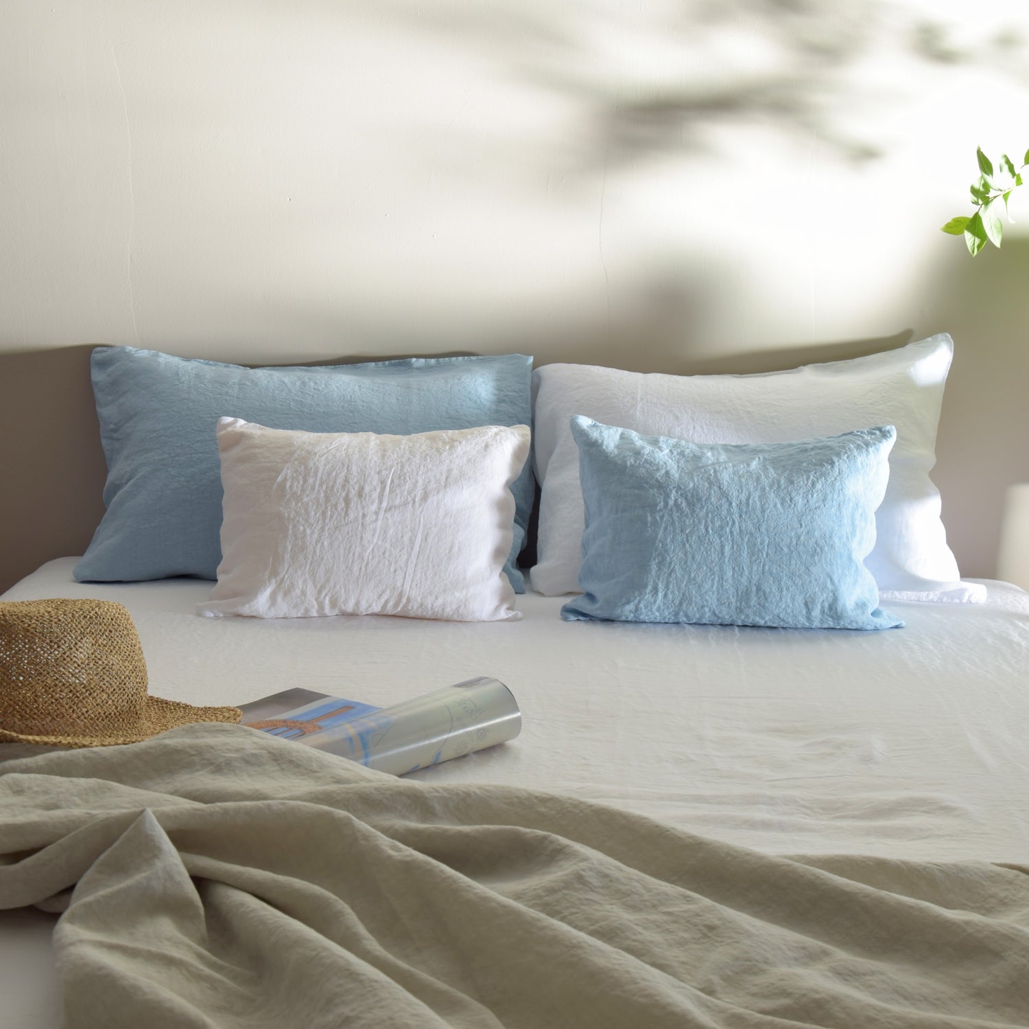 まくらカバー ピロカバー ピロケース 麻 リネン フレンチリネン フランス製 ベッドリネン 水色 空色 青色 ブルー スカイブルー