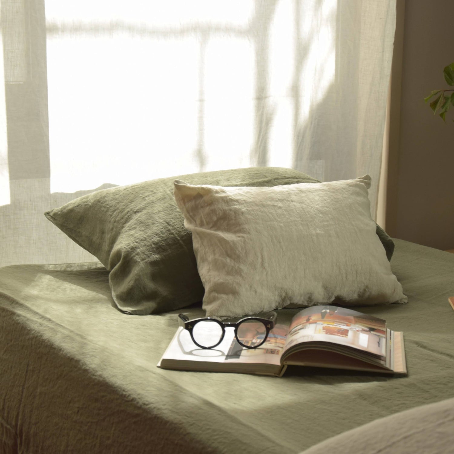 ボックスシーツ リネン フランス製 フレンチリネン カーキ グリーン