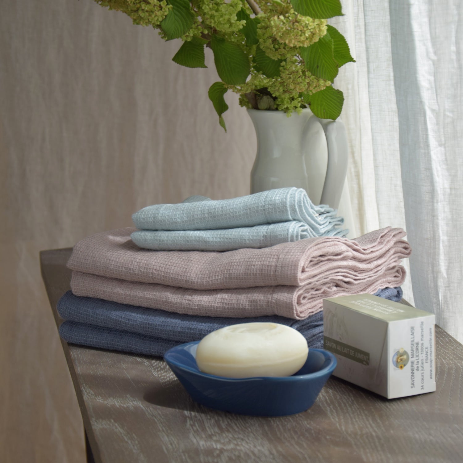 バスタオル タオル 麻 リネン フレンチリネン フランス製 ワッフル生地 ハニコム織 ピンク 鴇色