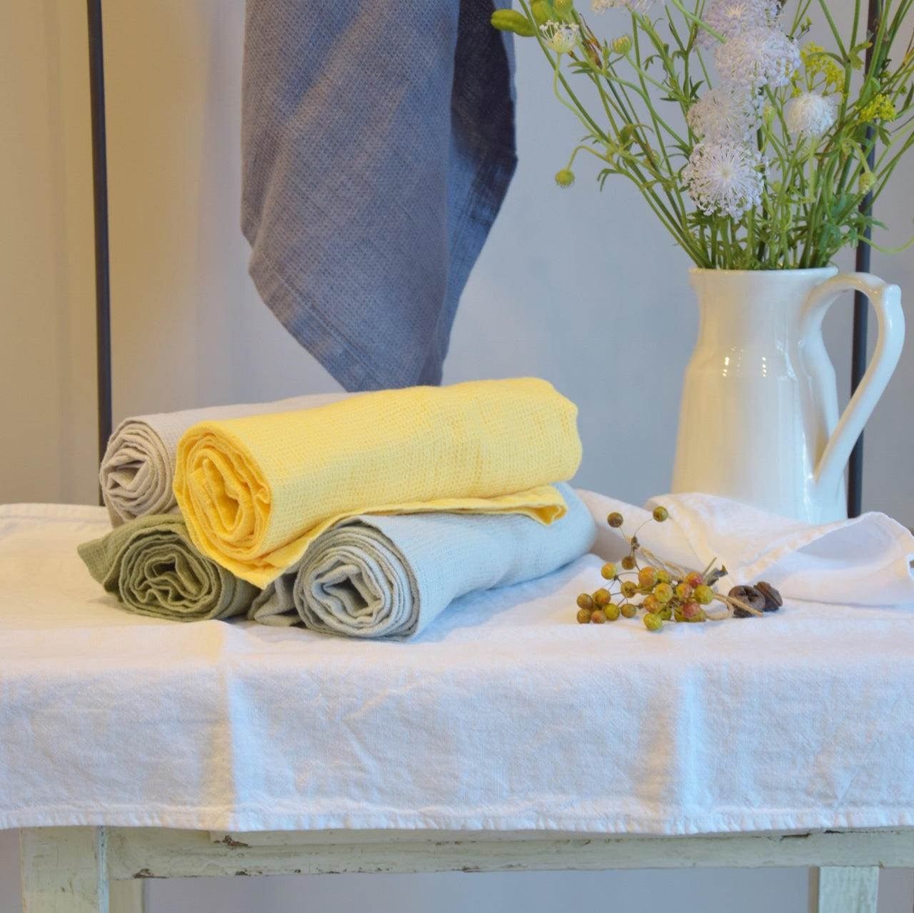 バスタオル タオル 麻 リネン フレンチリネン フランス製 ワッフル生地 ハニコム織 緑色 グリーン 薄緑 ナチュラル色