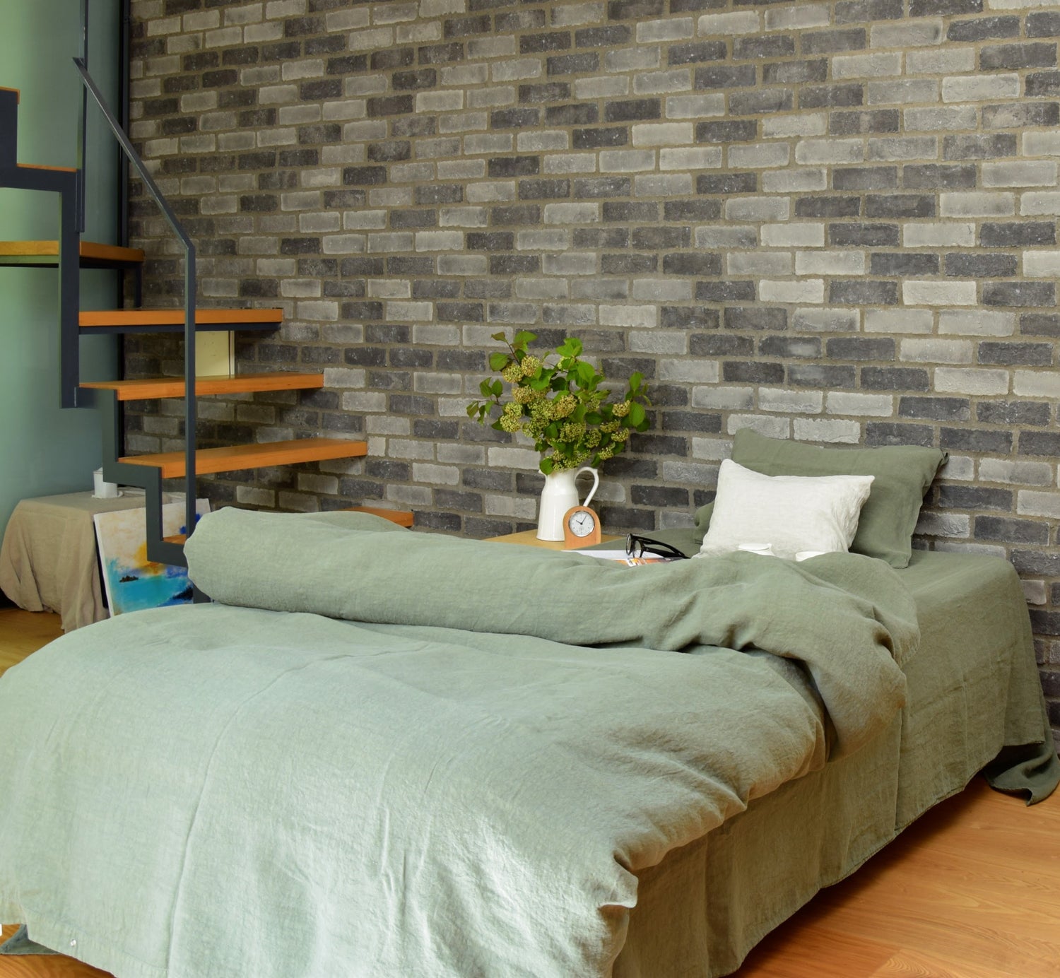 布団カバー デュベカバー 麻 リネン フレンチリネン フランス製 ベッドリネン カーキ グリーン 緑色