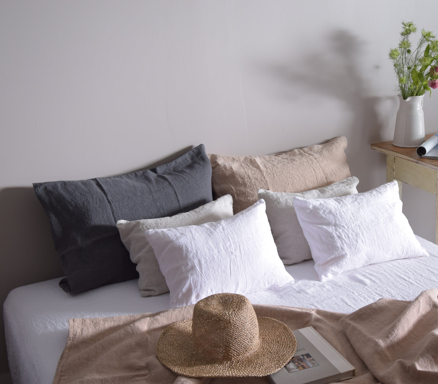 まくらカバー ピロカバー ピロケース 麻 リネン フレンチリネン フランス製 ベッドリネン ブラック 黒 ダークグレー グレー