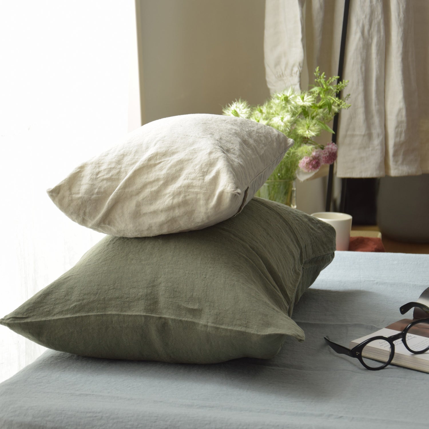 まくらカバー ピロカバー ピロケース 麻 リネン フレンチリネン フランス製 ベッドリネン カーキ 緑色 グリーン