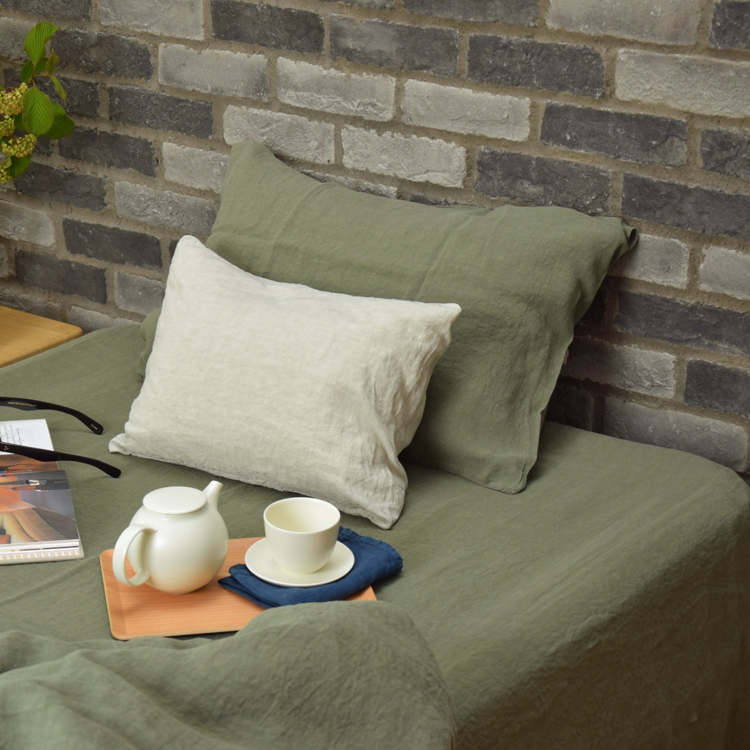 まくらカバー ピロカバー ピロケース 麻 リネン フレンチリネン フランス製 ベッドリネン カーキ 緑色 グリーン