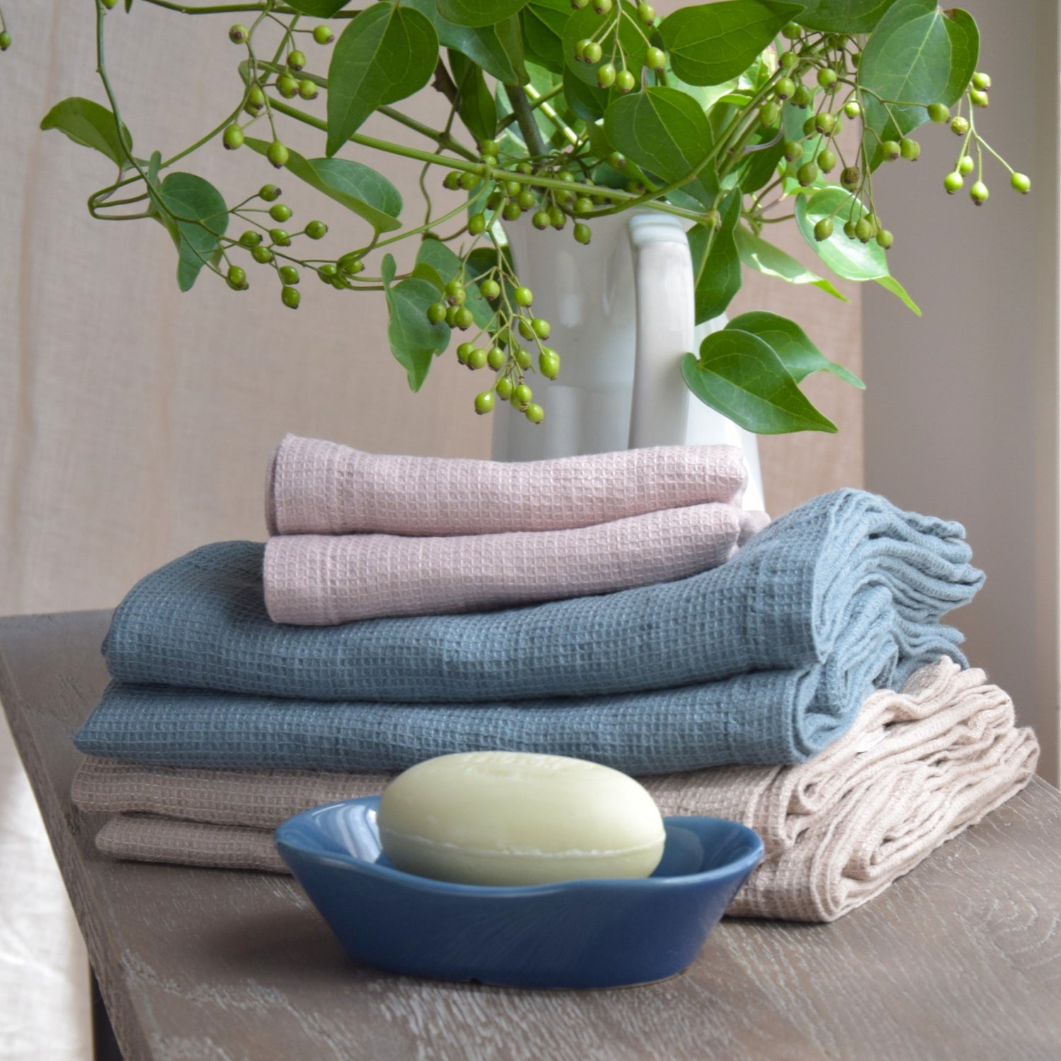 バスタオル　フレンチリネン　ワッフル生地　フランス製　ブルー