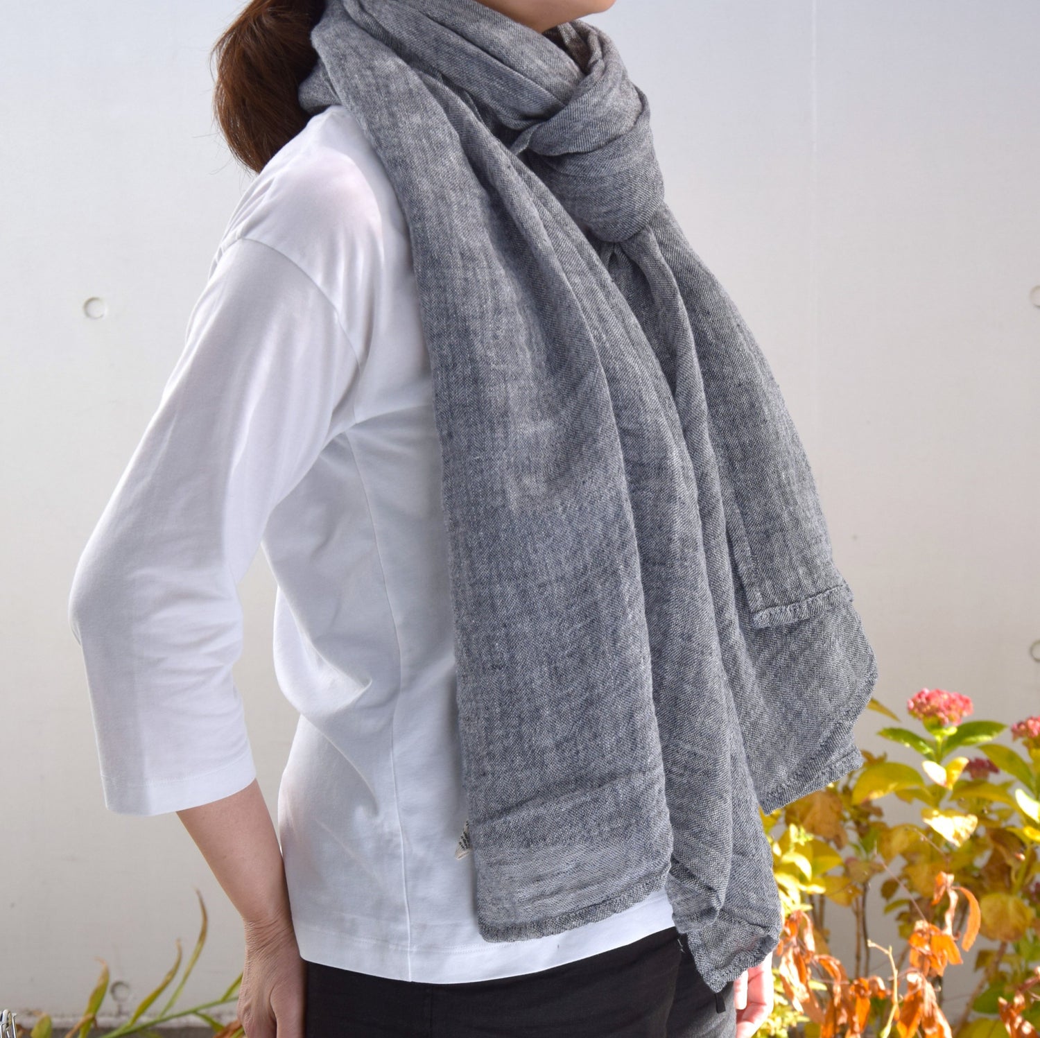 ストールＬサイズ 2色糸 INDIGO ECRU